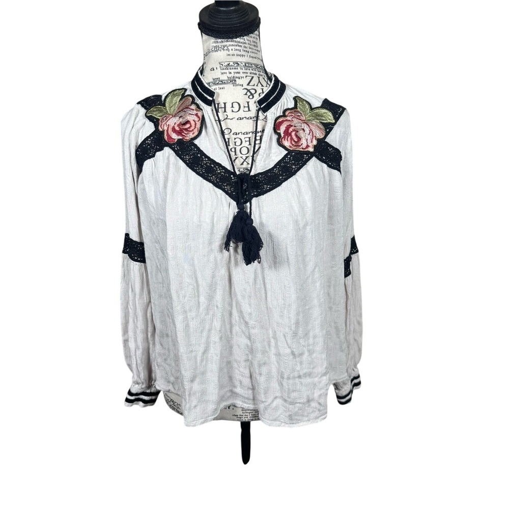 Embroidered Rose Peasant Blouse - White with Black Trim